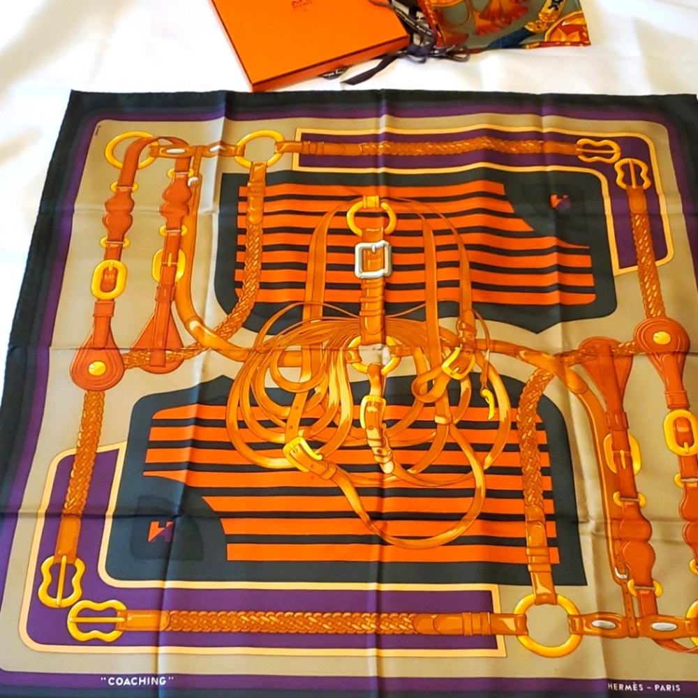 Hermes Silk Scarf 90x90 Buckles "coaching"